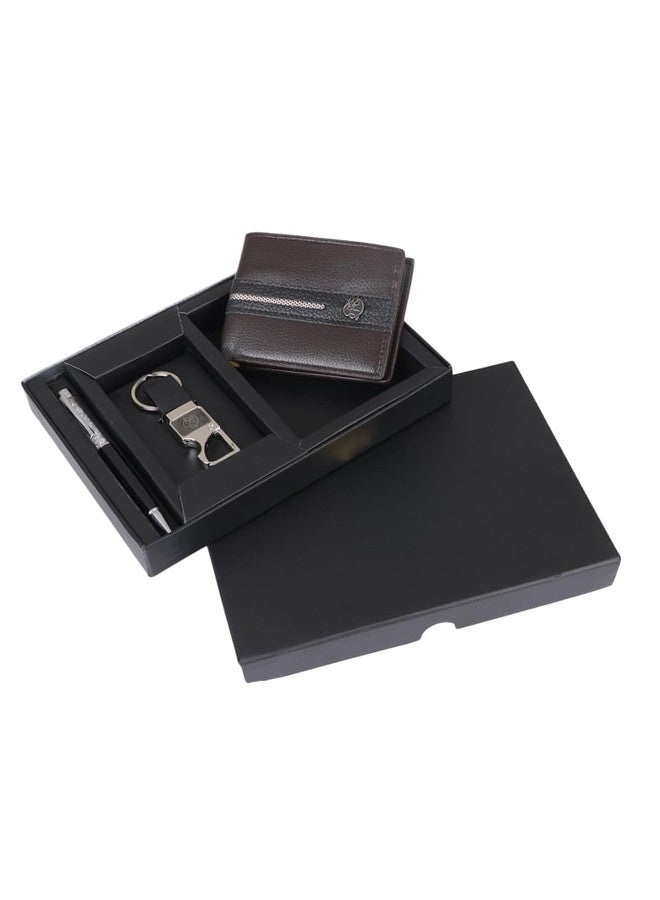 ZEVORA Pack of 3 Premium Leather Wallet Pen & Keychain Gift Set for Men - Stylish Bi-Fold Wallet with Pen & Keychain in Luxury Gift Box - Image 1